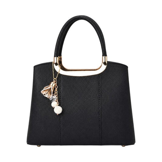 Decov Black Leather Handbag With Metal Handle Frame