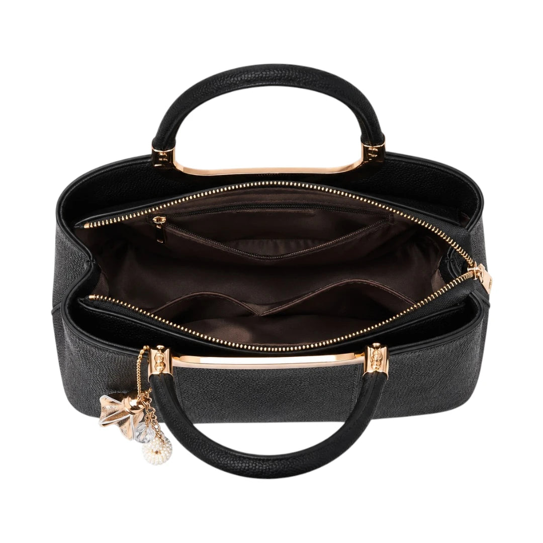 Decov Black Leather Handbag With Metal Handle Frame