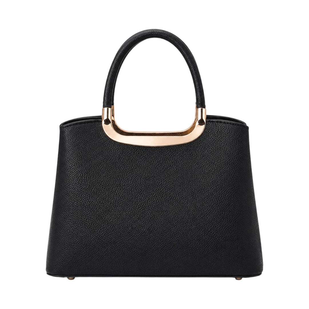 Decov Black Leather Handbag With Metal Handle Frame