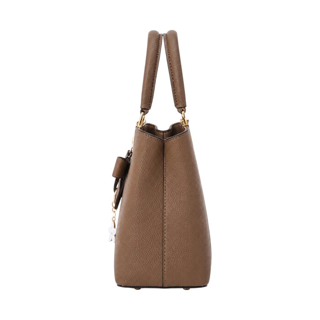 Decov Brown Leather Handbag With Bow Charm Accent