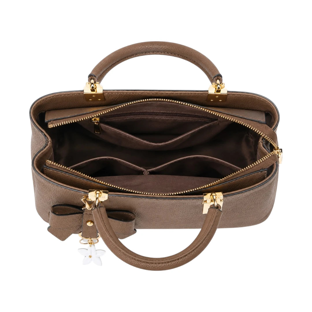 Decov Brown Leather Handbag With Bow Charm Accent