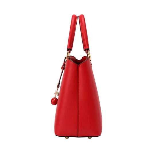 Decov Red Leather Handbag With Cherry Pendant Detail