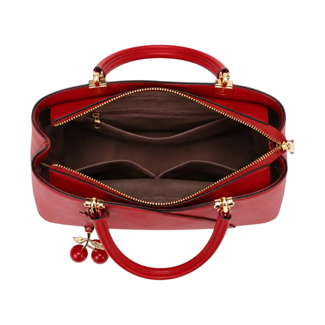 Decov Red Leather Handbag With Cherry Pendant Detail