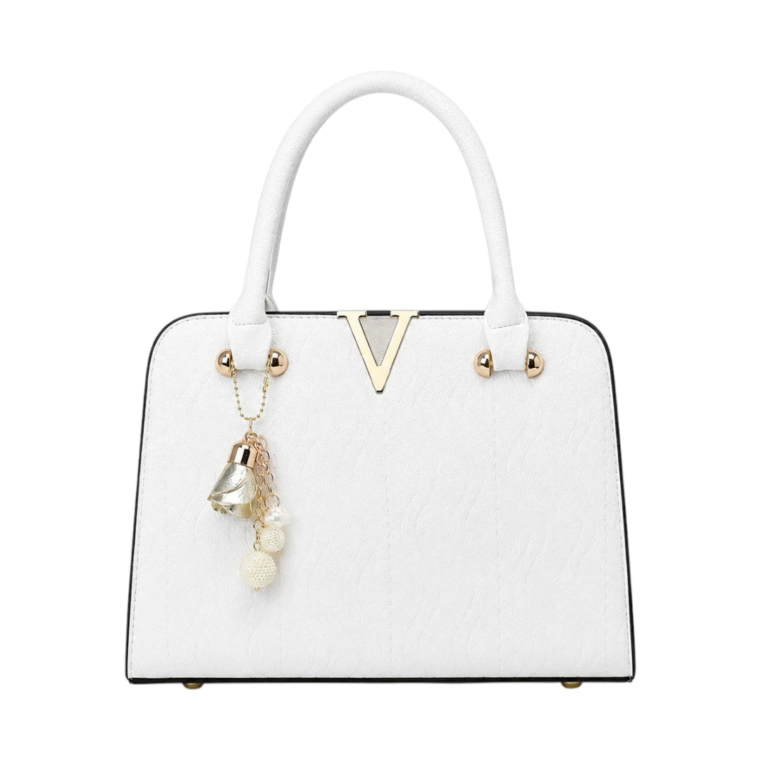 Decov White Leather Handbag With Gold Front Accent