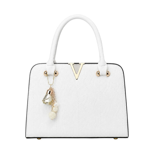 Decov White Leather Handbag With Gold Front Accent