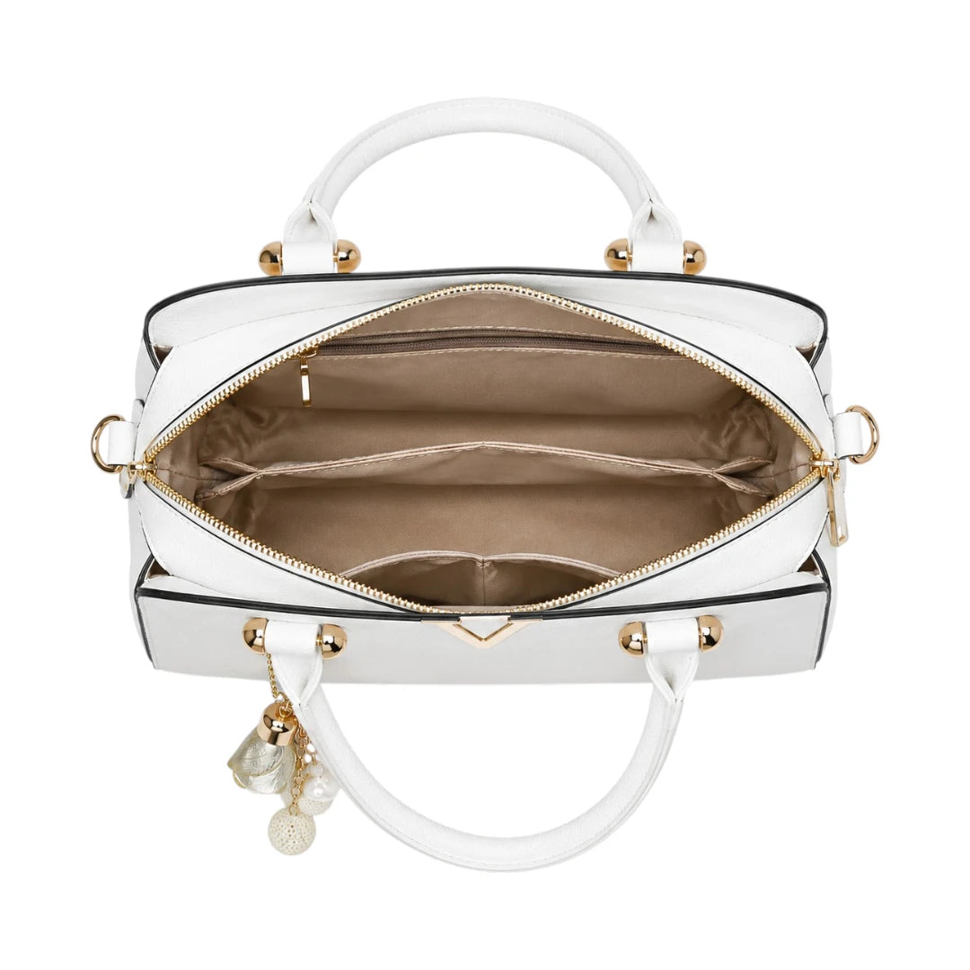 Decov White Leather Handbag With Gold Front Accent